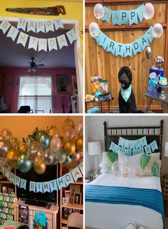 Blukey Teal Happy Birthday Banner With Shiny Gold Letters, Swallowtail Design Hanging Signs Party Decorations - Image 5