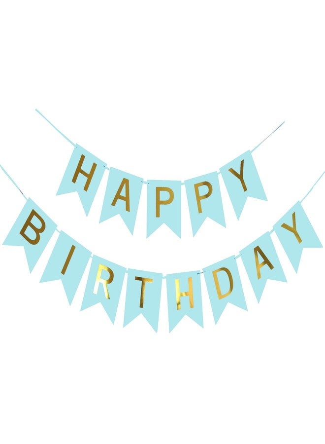 Blukey Teal Happy Birthday Banner With Shiny Gold Letters, Swallowtail Design Hanging Signs Party Decorations - Image 1
