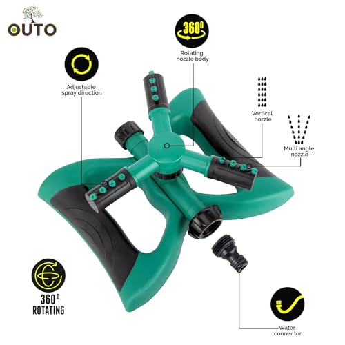 OUTO Automatic Garden Sprinkler 360 Degree Rotating Adjustable 3 Arm Water Sprayer for Watering Plants Outdoor Lawn Yard Irrigation System (Green) - Image 2
