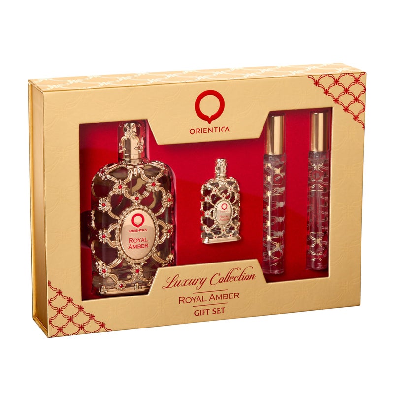 Orientica Royal Amber 4Pc Gift Set Eau De Parfum Fruity Gourmand Amber Woody Vanilla Bergamot Melon Pineapple Arabic Perfume for Women 27oz spray 2 x 10ml spray 75ml splash - Image 2