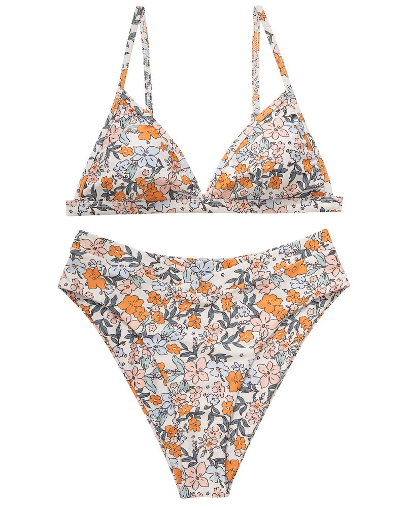 SUUKSESS Women Triangle High Cut Bikini Sets Sexy High Waisted Color Block Two Piece Swimsuits Push Up Bathing Suits(Yellow Floral,L) - Image 3