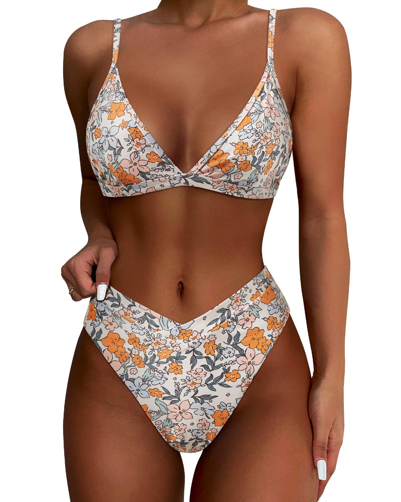 SUUKSESS Women Triangle High Cut Bikini Sets Sexy High Waisted Color Block Two Piece Swimsuits Push Up Bathing Suits(Yellow Floral,L) - Image 1