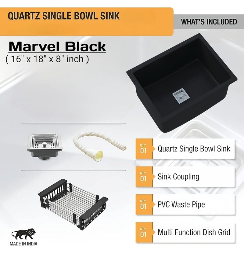 SYON Syon MARVEL BLACK Premium Ceramic Quartz Kitchen Sink with All Accessories 16x18x8  - Image 3