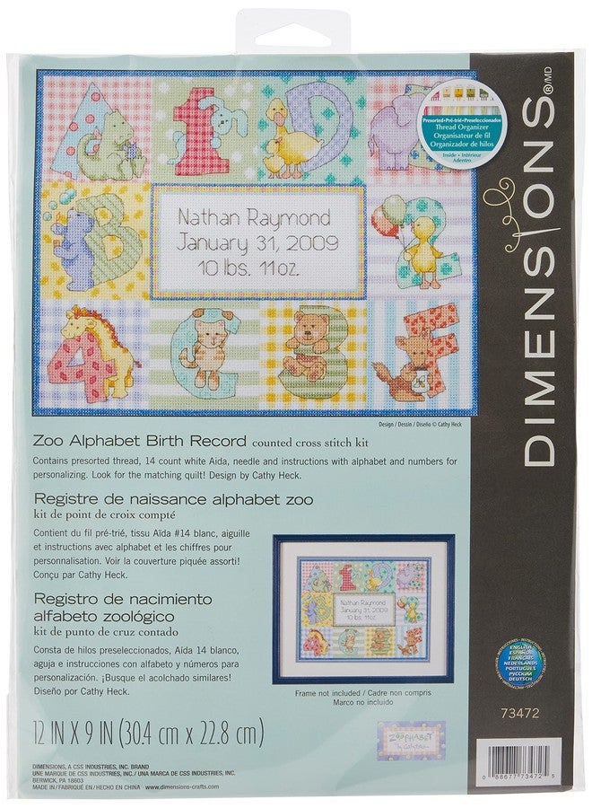 Dimensions Counted Cross Stitch Kit Zoo Alphabet Baby Birth Record Personalized Baby Gift, 14 Count White Aida, 12" x 9" - Image 1