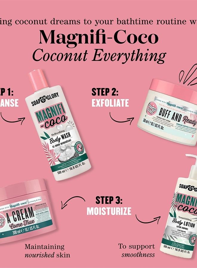 Soap & Glory زبدة الجسم ماغنيفي-كوكو - زبدة جوز الهند مع زيوت فاكهة الورد، فيتامين A وزبدة الشيا - كريم مرطب غني للبشرة الجافة - بشرة ناعمة تستحق العطلة (300 مل)