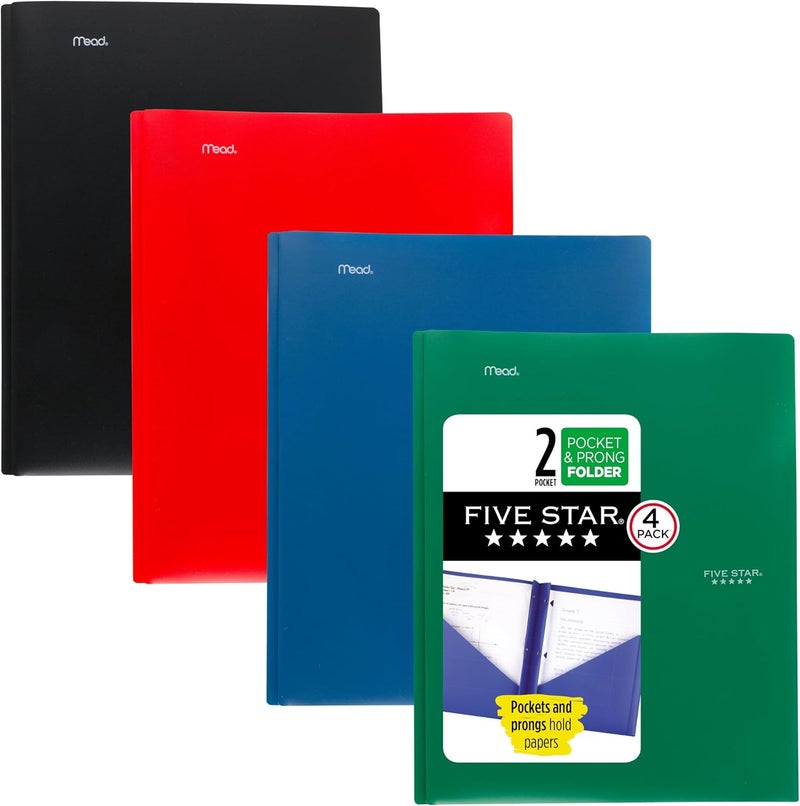 Five Star 2-Pocket Folders, 4 Pack, Plastic Folders with Prong Fasteners, Holds 11" x 8-1/2", Assorted Colors (38140) - Image 1