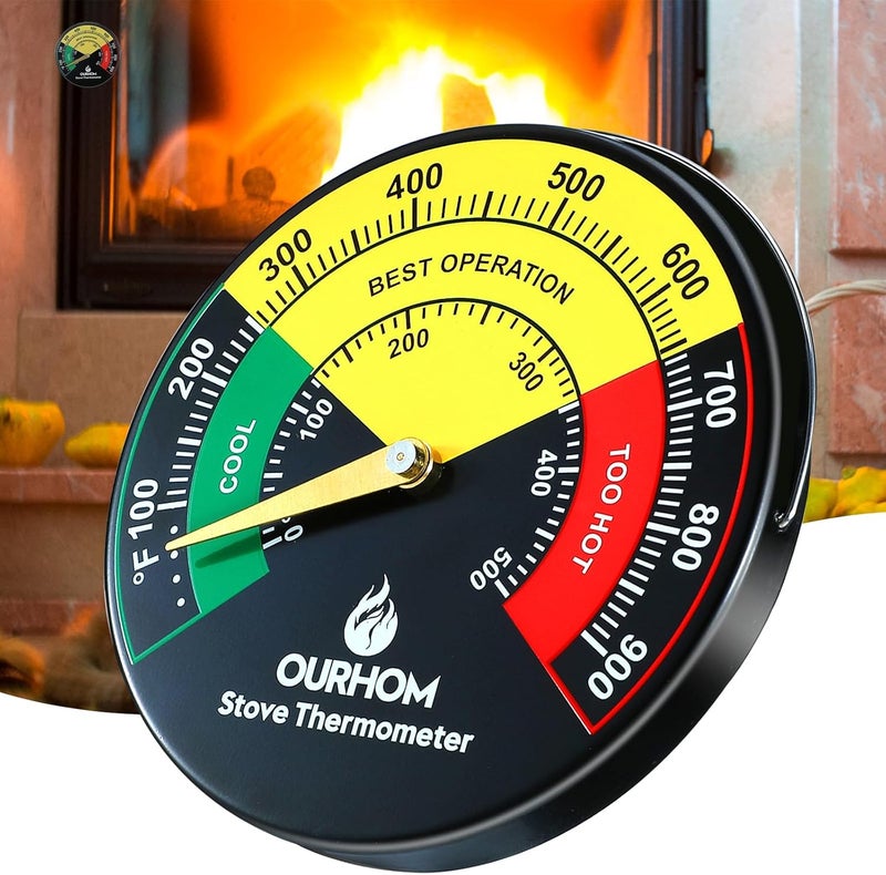 Ourhom ترمومتر موقد خشبي 2 قطعة، ترمومتر موقد مغناطيسي كبير الحجم 3.55 بوصة، ترمومتر سطح الموقد للموقد الذي يعمل بالحطب، مقياس درجة الحرارة للمدفأة - Image 1