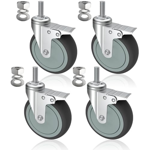 AAGUT 4 Inch Brake Stem Casters 1/2"-13x1-1/2, Swivel Stem Wheel, Replacement Caster Wheels Heavy Duty for Wire Shelving Racks Set of 4 - Image 1