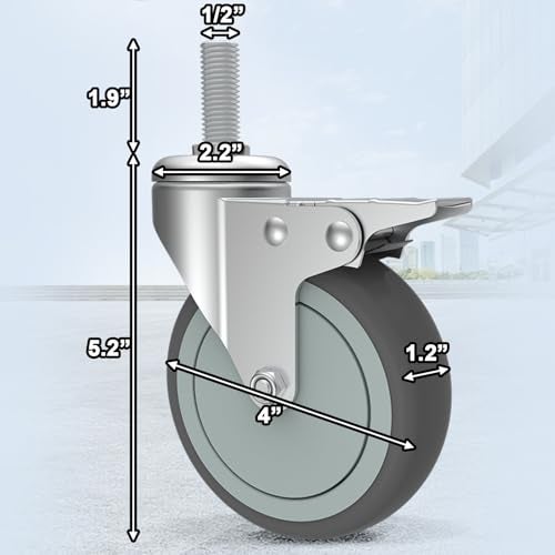 AAGUT 4 Inch Brake Stem Casters 1/2"-13x1-1/2, Swivel Stem Wheel, Replacement Caster Wheels Heavy Duty for Wire Shelving Racks Set of 4 - Image 2