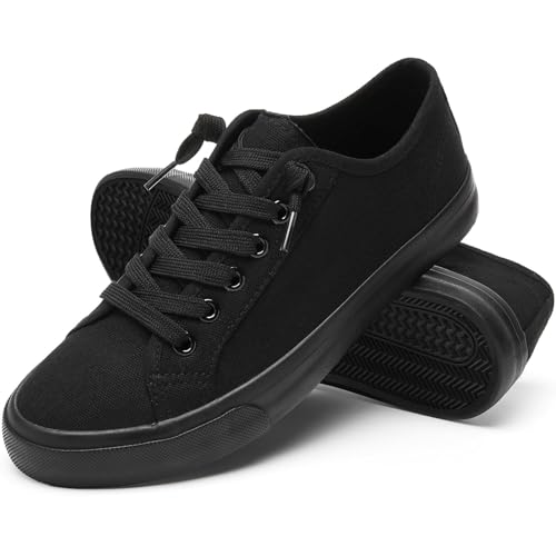 XRH Women Canvas Sneaker Slip On Casual Shoes Lace Up Canvas Low Top White Shoes Loafers for Women Fashion Full Black Sneaker(Full Black,US7.5) - Image 1