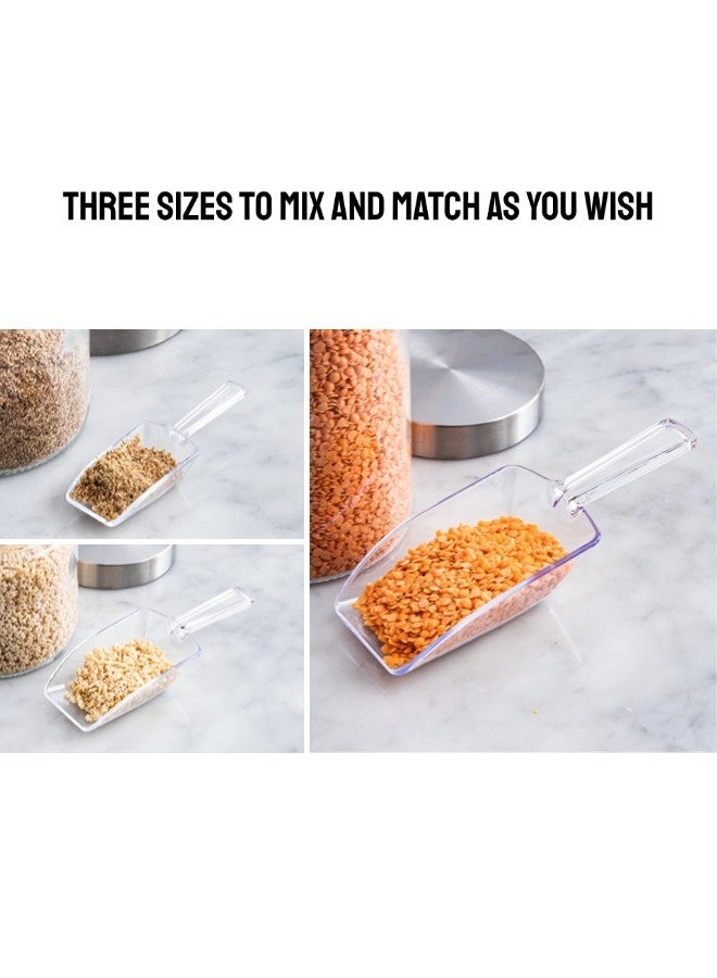 ShebSheb 3PCS Kitchen Rice Scoop Set  - Clear Plastic Scoops for Candy, Ice Cream Bar, Rice, Containers, Coffee, Flour, Dessert Toppings, etc., 7.6", 6.7", & 5.5" - Image 4