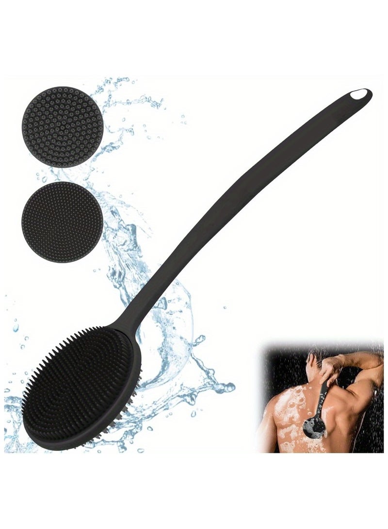 فرشاة استحمام من السيليكون مزدوجة الجوانب بمقبض طويل - فرشاة تقشير وتدليك لطيفة للرجال والنساء، صديقة للبشرة وسهلة التنظيف - Image 1