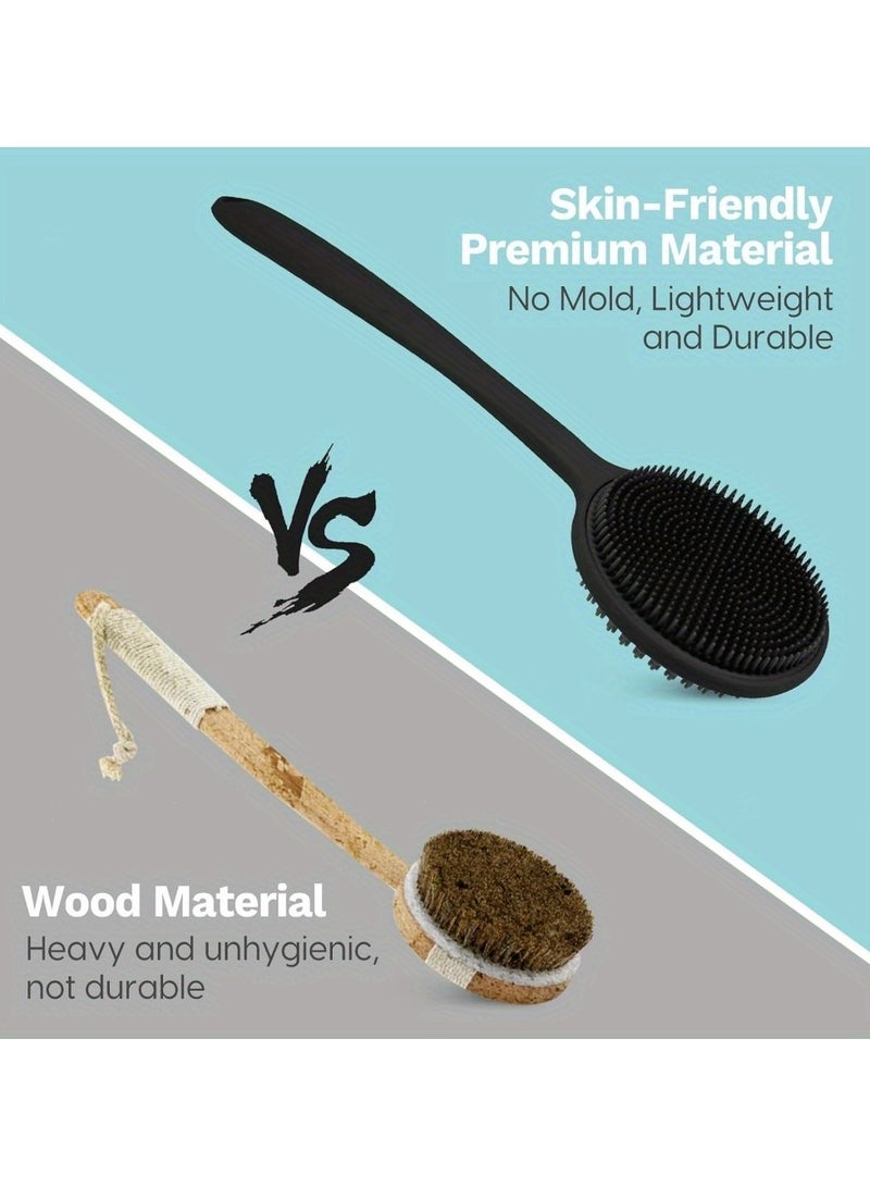 فرشاة استحمام من السيليكون مزدوجة الجوانب بمقبض طويل - فرشاة تقشير وتدليك لطيفة للرجال والنساء، صديقة للبشرة وسهلة التنظيف - Image 2