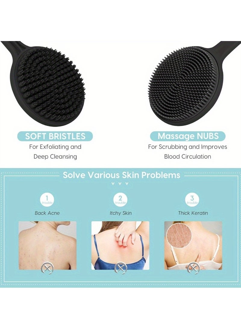 فرشاة استحمام من السيليكون مزدوجة الجوانب بمقبض طويل - فرشاة تقشير وتدليك لطيفة للرجال والنساء، صديقة للبشرة وسهلة التنظيف - Image 3