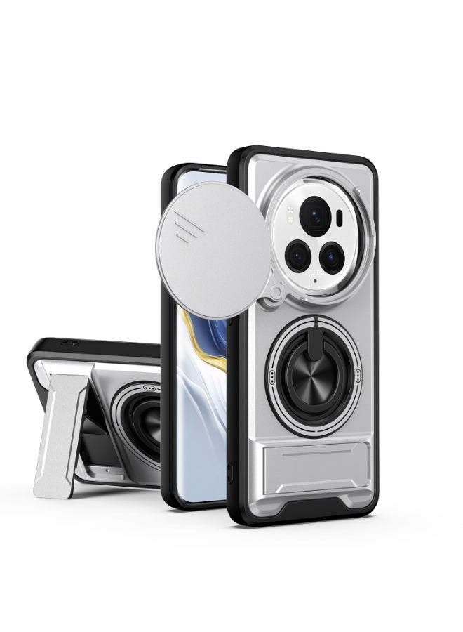 جراب حمايه مقاوم للصدمات مزود بستاند وحلقه دائريه وحمايه للكاميرا متوافق مع  Honor Magic 6 Pro (فضي)