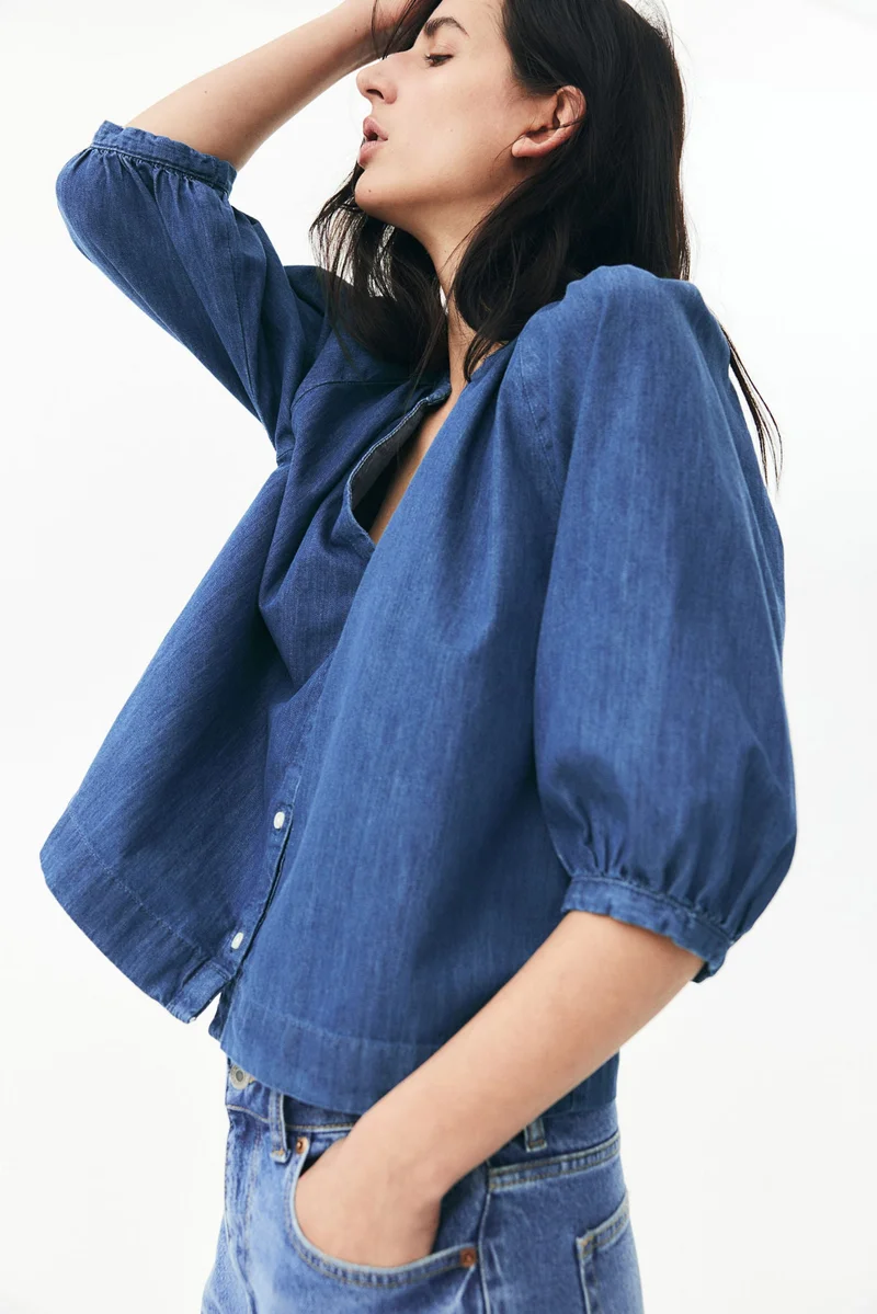 H&M Balloon-sleeved denim blouse