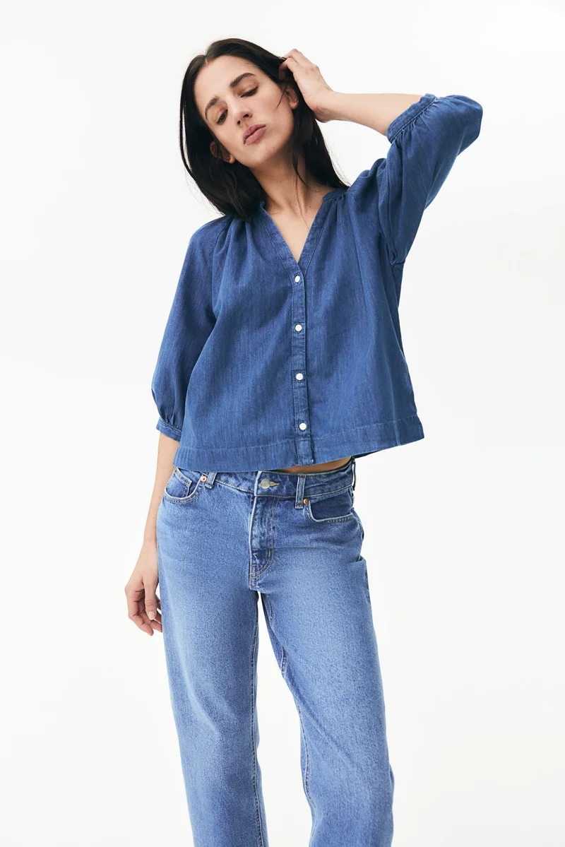 H&M Balloon-sleeved denim blouse