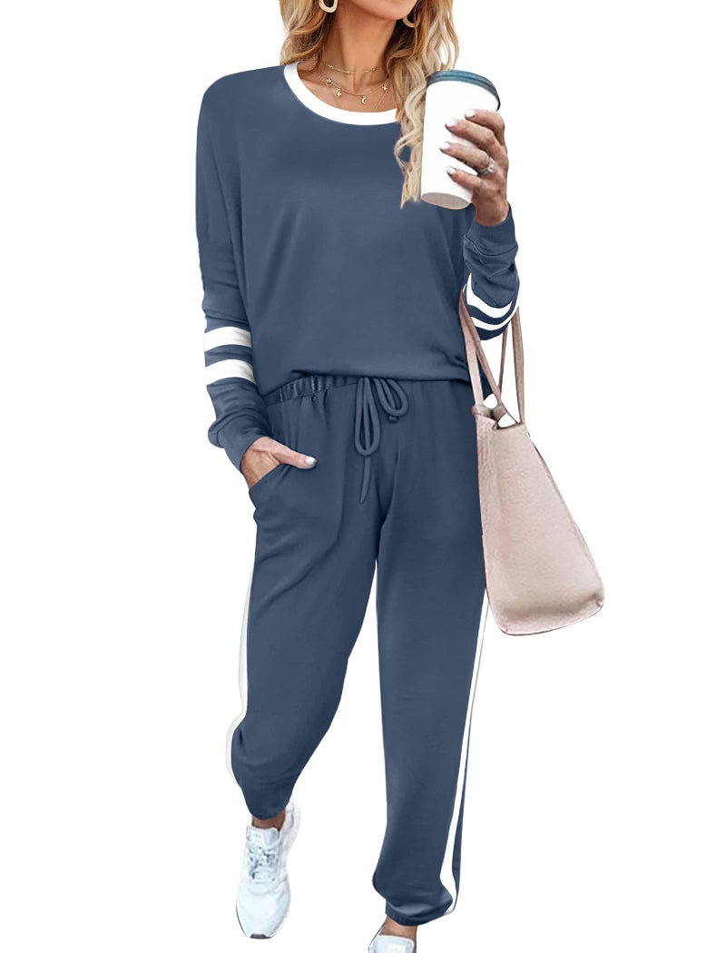 Aloodor Workout Sets for Women Two Piece Long Sleeve Lounge wear Sets Light Blue L - Image 1