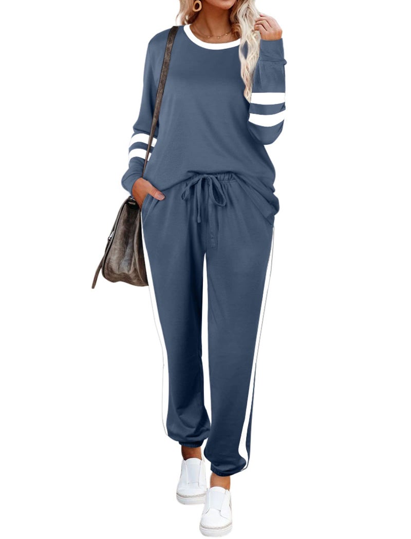 Aloodor Workout Sets for Women Two Piece Long Sleeve Lounge wear Sets Light Blue L - Image 2