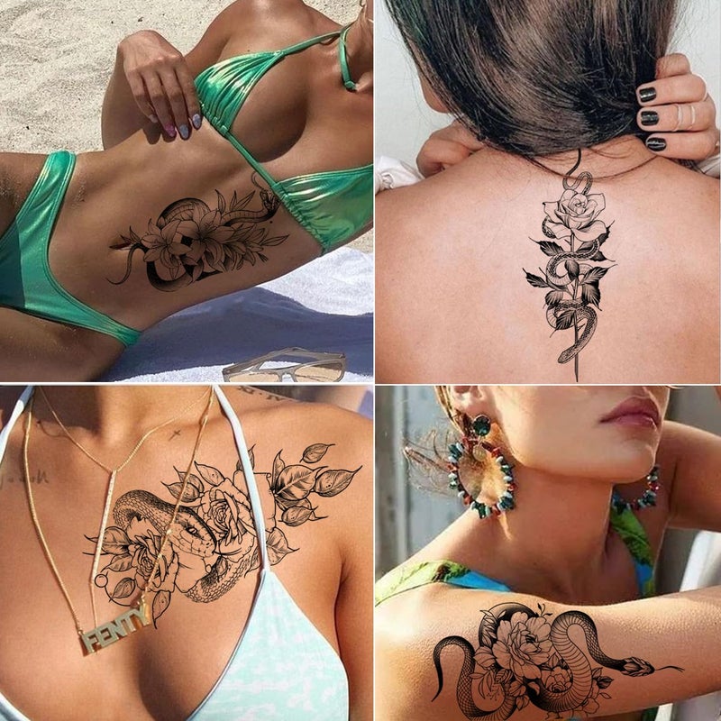 Tazimi Snake Temporary Tattoos 12 Sheets 3D Black Realistic Snake Rose Floral Tattoos Stickers Large Sexy Flower Serpent Fake Tattoo Stickers Body Art Decorations - Image 5