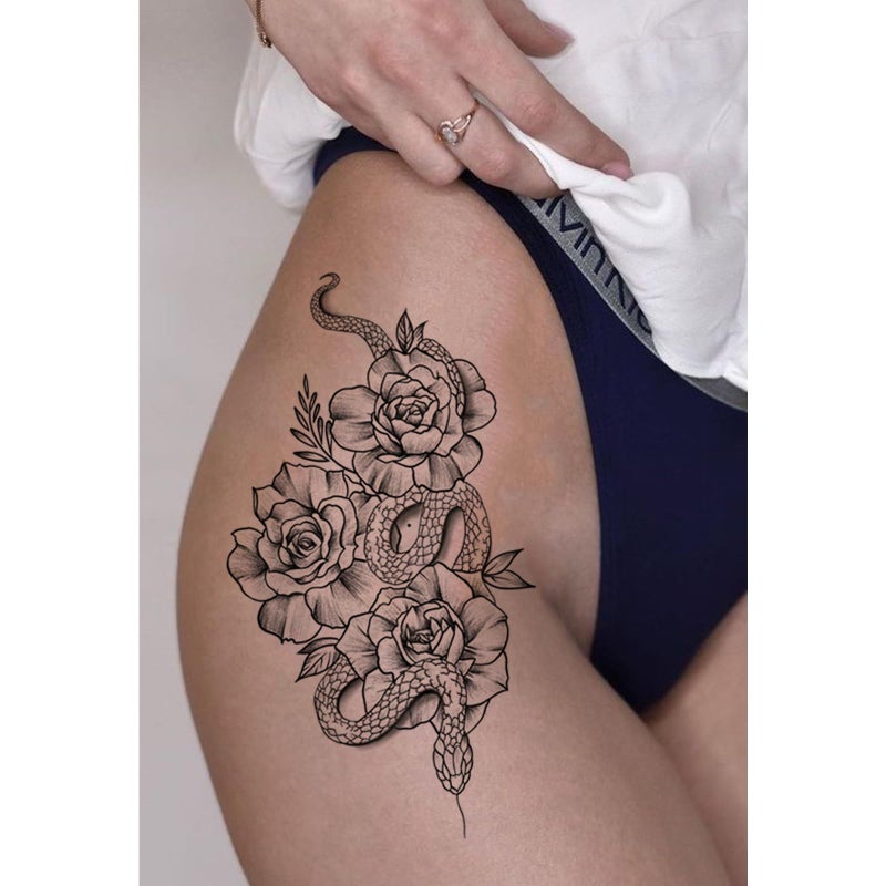 Tazimi Snake Temporary Tattoos 12 Sheets 3D Black Realistic Snake Rose Floral Tattoos Stickers Large Sexy Flower Serpent Fake Tattoo Stickers Body Art Decorations - Image 4