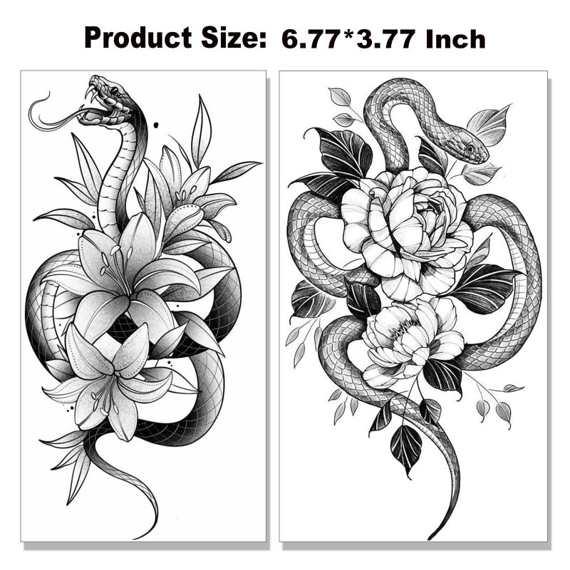 Tazimi Snake Temporary Tattoos 12 Sheets 3D Black Realistic Snake Rose Floral Tattoos Stickers Large Sexy Flower Serpent Fake Tattoo Stickers Body Art Decorations - Image 3