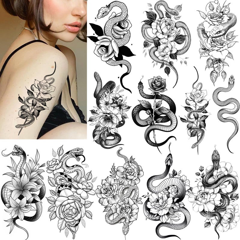 Tazimi Snake Temporary Tattoos 12 Sheets 3D Black Realistic Snake Rose Floral Tattoos Stickers Large Sexy Flower Serpent Fake Tattoo Stickers Body Art Decorations - Image 1