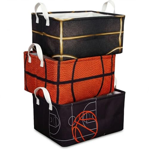 BBSET Basketball Shelf Basket Kids Boys Ball Storage Basket Bins Box with Handles Boys Sports Decor for Room Nursery 3 Pcs SetBasketball - Image 3