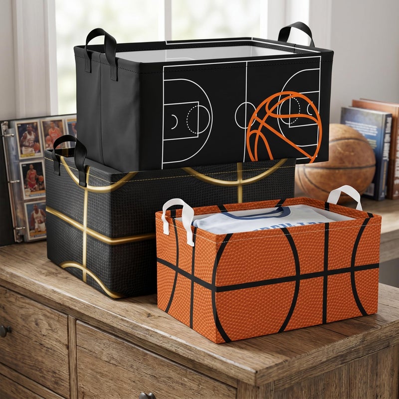 BBSET Basketball Shelf Basket Kids Boys Ball Storage Basket Bins Box with Handles Boys Sports Decor for Room Nursery 3 Pcs SetBasketball - Image 2