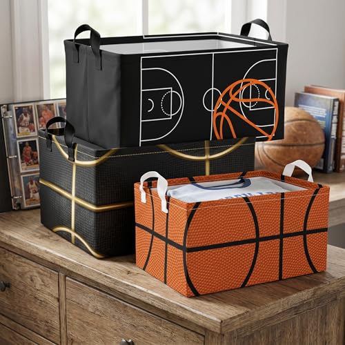 BBSET Basketball Shelf Basket Kids Boys Ball Storage Basket Bins Box with Handles Boys Sports Decor for Room Nursery 3 Pcs SetBasketball - Image 1