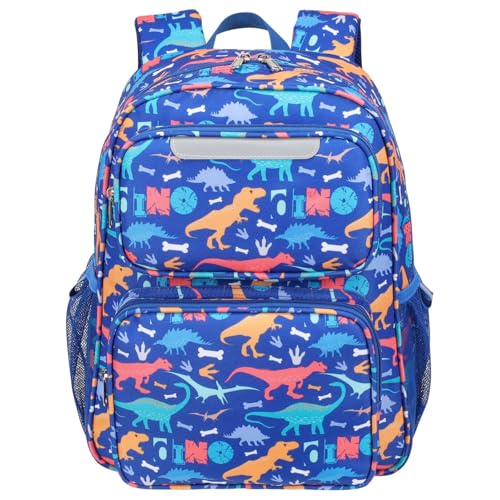 BrainyBees Kids Backpack for Boys Kindergarten 15 Inch Lightweight School Bookbag fits Folder Dinosaur Backpack for Kids 47 with Leakproof Insulated Pocket for Lunch and Snacks Blue - Image 1