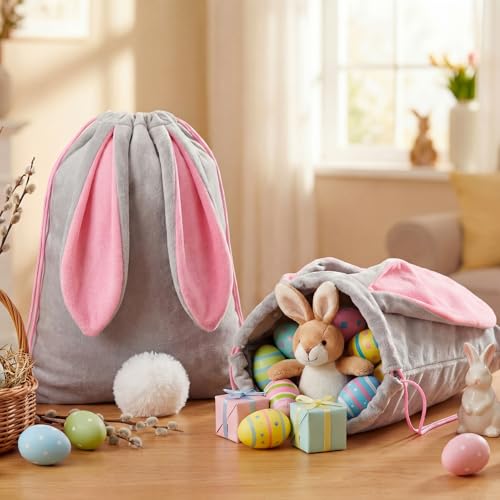 Abbylike 2 Pcs Large Velvet Easter Bunny Drawstring Backpack Bag Reusable Easter Bunny Bags Rabbit Treat Bag with Ears and Tail for Spring Holiday Party Favor Gift Egg Hunt Kids Birthday Supplies - Image 3