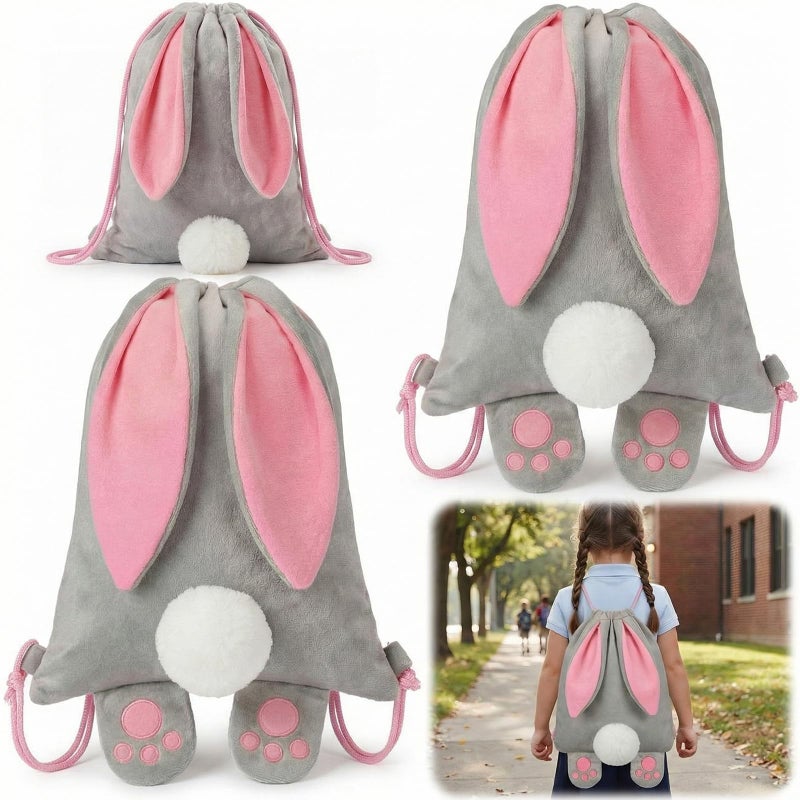 Abbylike 2 Pcs Large Velvet Easter Bunny Drawstring Backpack Bag Reusable Easter Bunny Bags Rabbit Treat Bag with Ears and Tail for Spring Holiday Party Favor Gift Egg Hunt Kids Birthday Supplies - Image 2