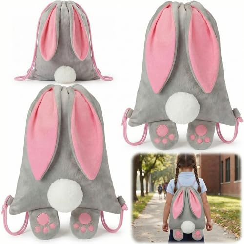 Abbylike 2 Pcs Large Velvet Easter Bunny Drawstring Backpack Bag Reusable Easter Bunny Bags Rabbit Treat Bag with Ears and Tail for Spring Holiday Party Favor Gift Egg Hunt Kids Birthday Supplies - Image 1