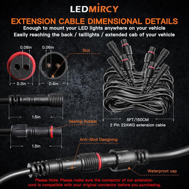 LEDMIRCY كابل تمديد أضواء LEDMIRCY LED الصخرية سلك 2 دبوس مقاوم للماء 4 قطع 5 قدم 22 AWG مع موصلات ذكر وأنثى حجم صامولة 11 مم لأضواء العجلات ضوء الضباب للشاحنة (للون الواحد فقط) - Image 2