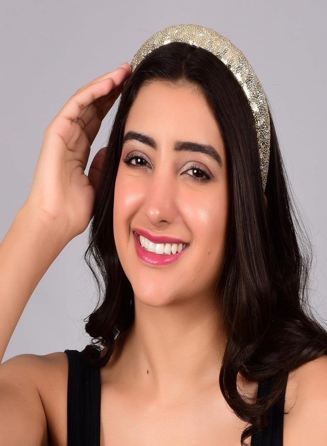 Matkooz طوق رأس مبطن بالترتر الذهبي من ماتكوز للنساء | إكسسوار شعر لامع للحفلات والأعراس والمهرجانات | طوق شعر أنيق للفتيات والسيدات | طوق رأس عريض لامع يناسب جميع أنواع الشعر - مانع للانزلاق وأنيق - Image 5
