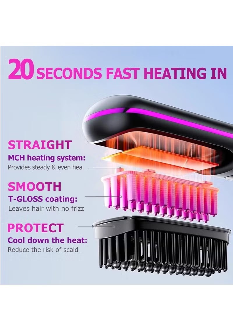 Portable Straightener Brush Comb, Rechargeable Straightener with LED Display , Anti-Scald Mini Hot Straightening Comb for Woman, Hair Fast Heating Cordless Mini Hair Tool for Travel (Pink) - Image 4