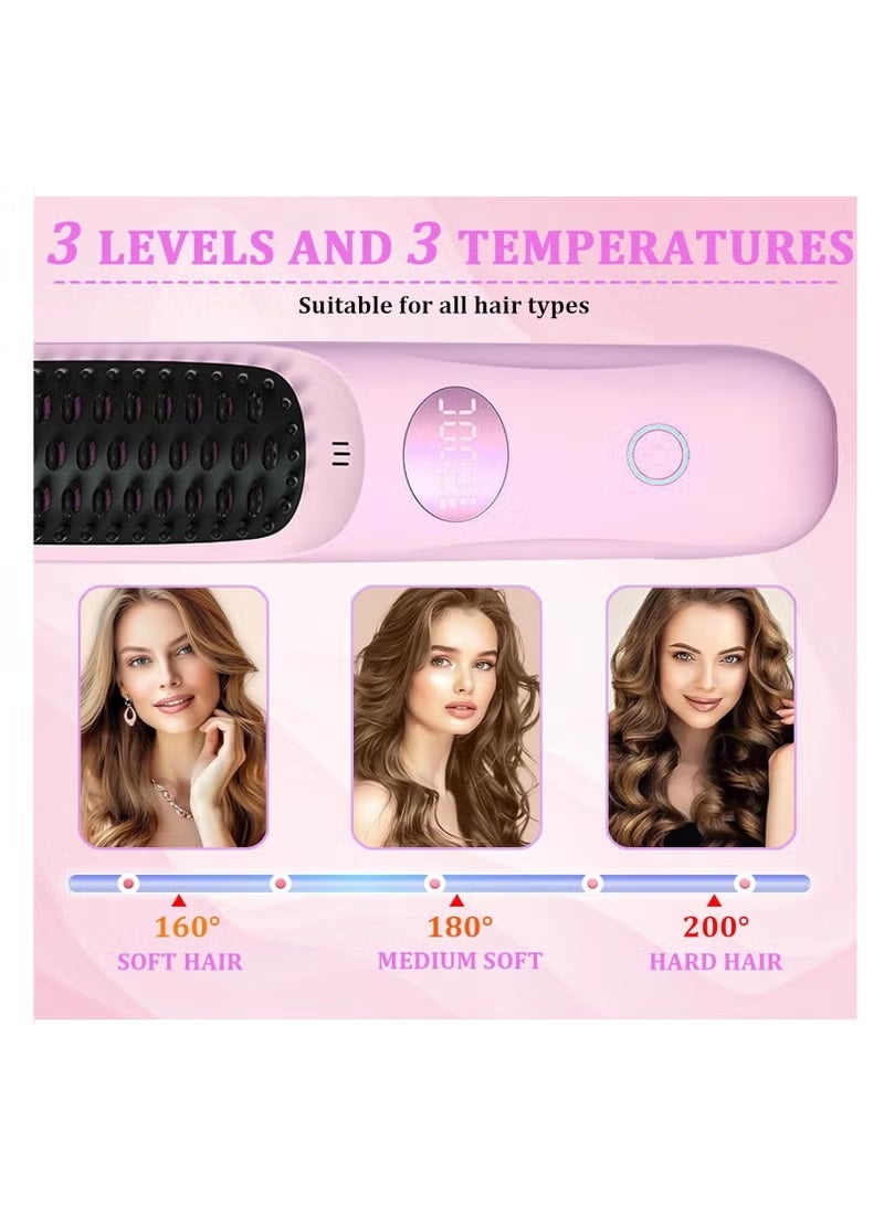 Portable Straightener Brush Comb, Rechargeable Straightener with LED Display , Anti-Scald Mini Hot Straightening Comb for Woman, Hair Fast Heating Cordless Mini Hair Tool for Travel (Pink) - Image 3