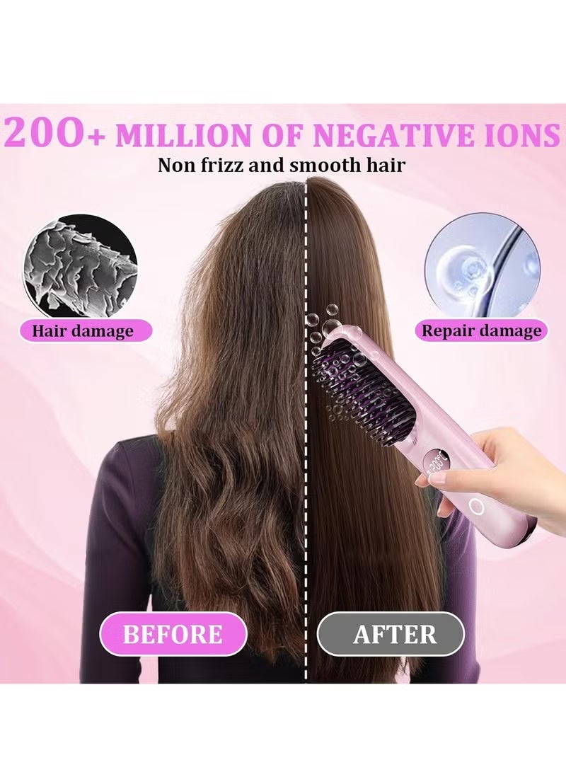 Portable Straightener Brush Comb, Rechargeable Straightener with LED Display , Anti-Scald Mini Hot Straightening Comb for Woman, Hair Fast Heating Cordless Mini Hair Tool for Travel (Pink) - Image 2