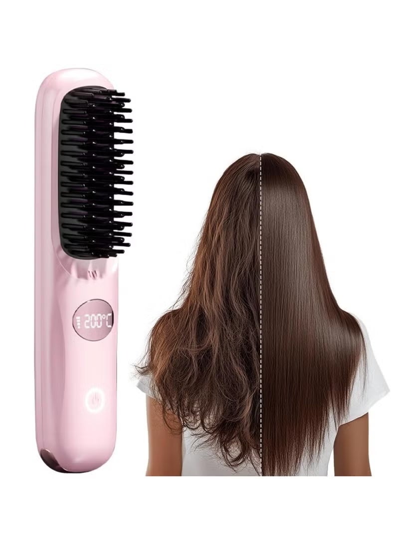Portable Straightener Brush Comb, Rechargeable Straightener with LED Display , Anti-Scald Mini Hot Straightening Comb for Woman, Hair Fast Heating Cordless Mini Hair Tool for Travel (Pink) - Image 1