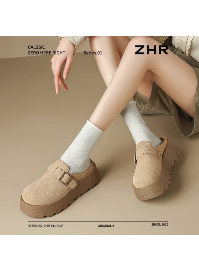 Zhr Thick-soled Buckle Half-drag Women's Breathable Slip-on Baotou Slippers Women's Outerwear Casual Shoes Women Jt90t Khaki 37 - Image 2