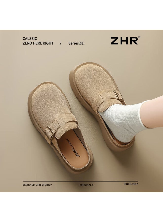 Zhr Thick-soled Buckle Half-drag Women's Breathable Slip-on Baotou Slippers Women's Outerwear Casual Shoes Women Jt90t Khaki 37 - Image 4