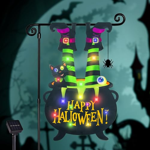 FLAGMESAGE Halloween Lighted Garden Flag for Outside, Led Solar Yard Flag 8 Modes Witch Feet Shape Flag, 12x18 Double Sided Cauldron Eyeball Black Cat Decorations for Home Porch - Image 1