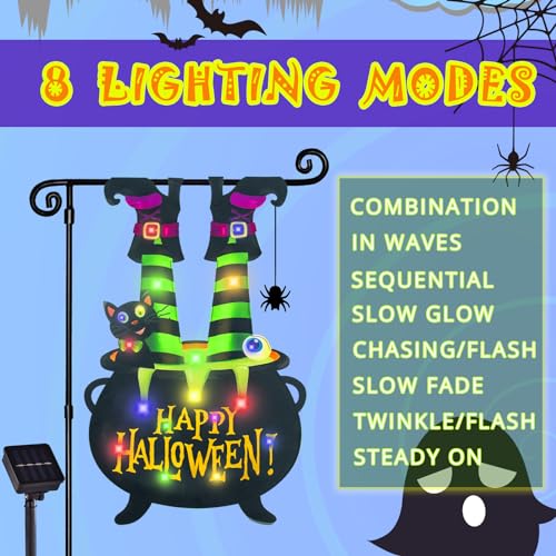 FLAGMESAGE Halloween Lighted Garden Flag for Outside, Led Solar Yard Flag 8 Modes Witch Feet Shape Flag, 12x18 Double Sided Cauldron Eyeball Black Cat Decorations for Home Porch - Image 5