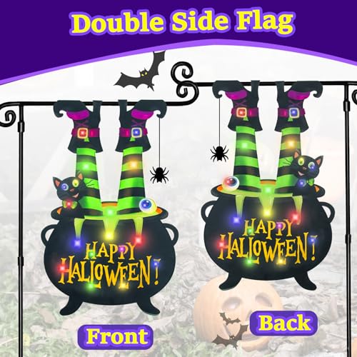 FLAGMESAGE Halloween Lighted Garden Flag for Outside, Led Solar Yard Flag 8 Modes Witch Feet Shape Flag, 12x18 Double Sided Cauldron Eyeball Black Cat Decorations for Home Porch - Image 3