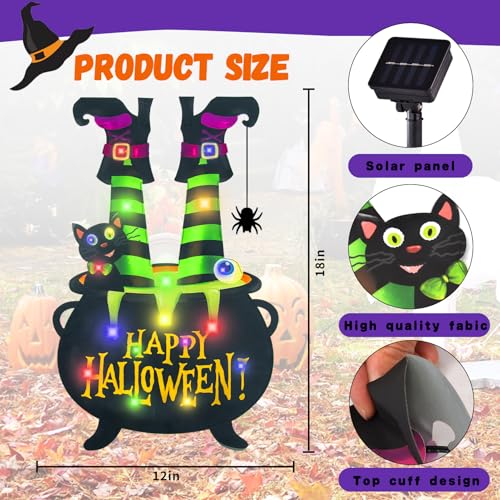 FLAGMESAGE Halloween Lighted Garden Flag for Outside, Led Solar Yard Flag 8 Modes Witch Feet Shape Flag, 12x18 Double Sided Cauldron Eyeball Black Cat Decorations for Home Porch - Image 4