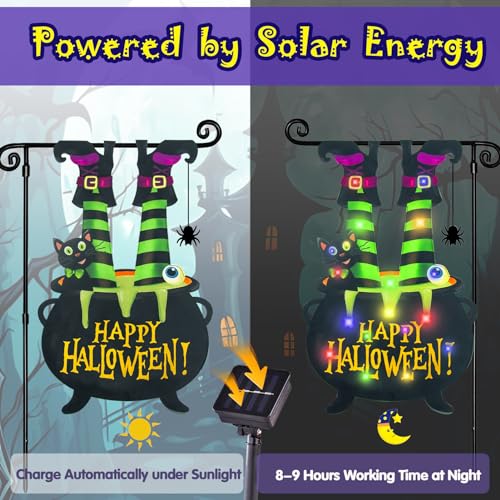 FLAGMESAGE Halloween Lighted Garden Flag for Outside, Led Solar Yard Flag 8 Modes Witch Feet Shape Flag, 12x18 Double Sided Cauldron Eyeball Black Cat Decorations for Home Porch - Image 2