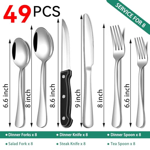 JUNLIN 49-Piece Stainless Steel Silverware Set with Cutlery Organizer, Service for 8 with Steak Knives and Kitchen Utensils - Image 2