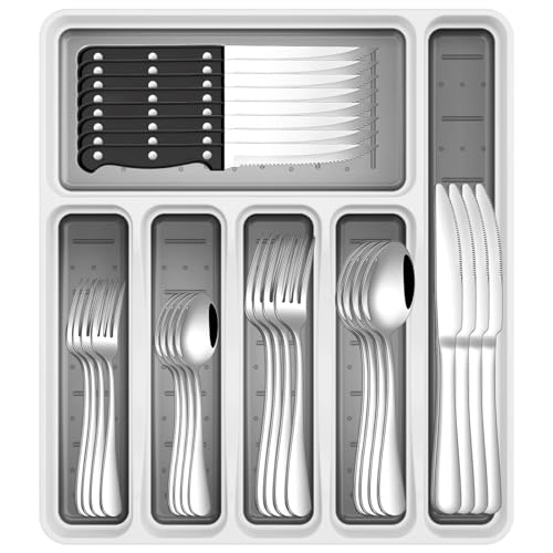 JUNLIN 49-Piece Stainless Steel Silverware Set with Cutlery Organizer, Service for 8 with Steak Knives and Kitchen Utensils - Image 1