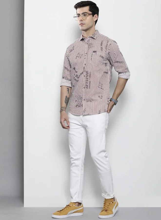 شركة المرآب الهندية Men Regular Fit Striped Full Sleeves Spread Collar Casual Shirt
